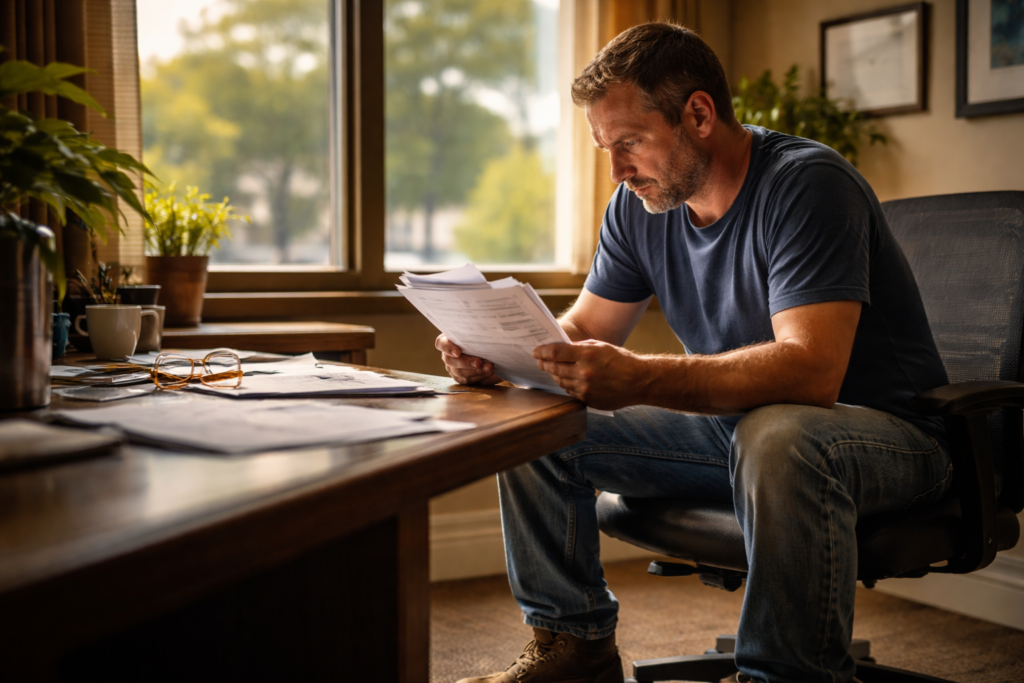 Father reviewing Texas divorce paperwork in Houston law office during summer afternoon light