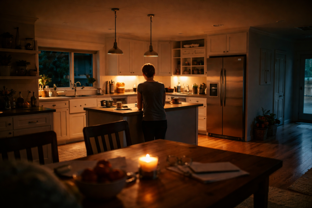 Parent standing alone in a quiet kitchen at night reflecting during the Texas Divorce Timeline Process