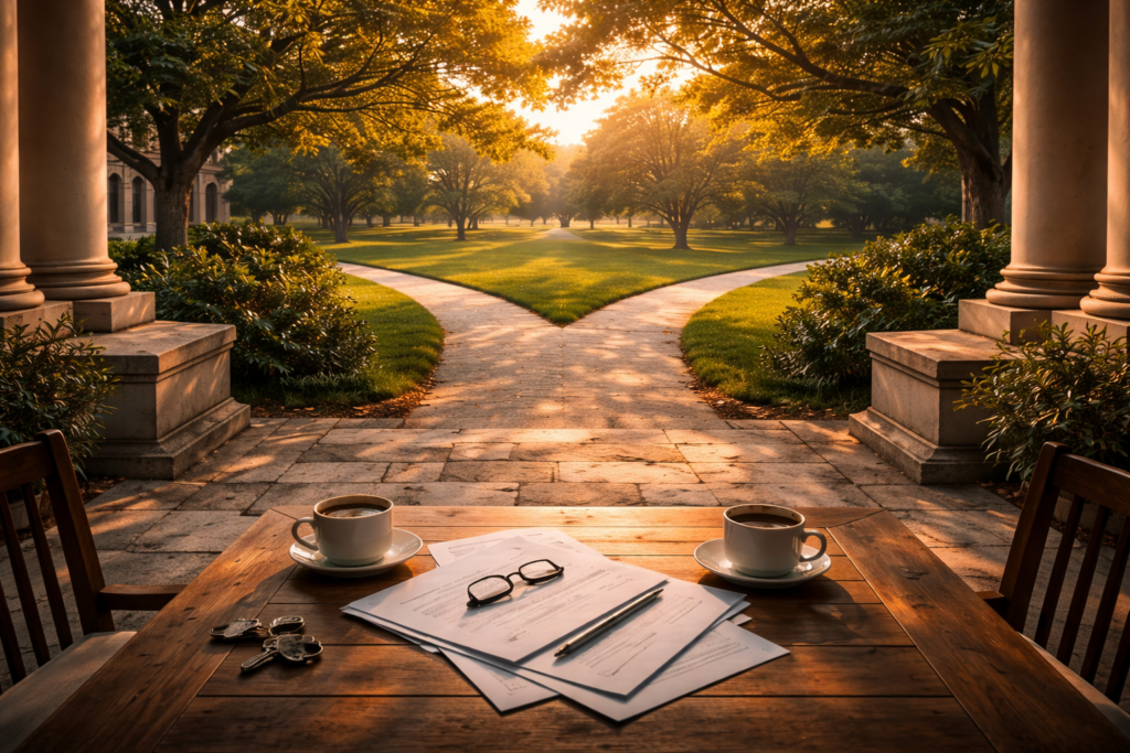 Wide-angle cinematic summer scene of a courthouse lawn with a split pathway symbolizing choices in the Texas Divorce Timeline Process, with divorce papers and coffee cups on a wooden table in the foreground.