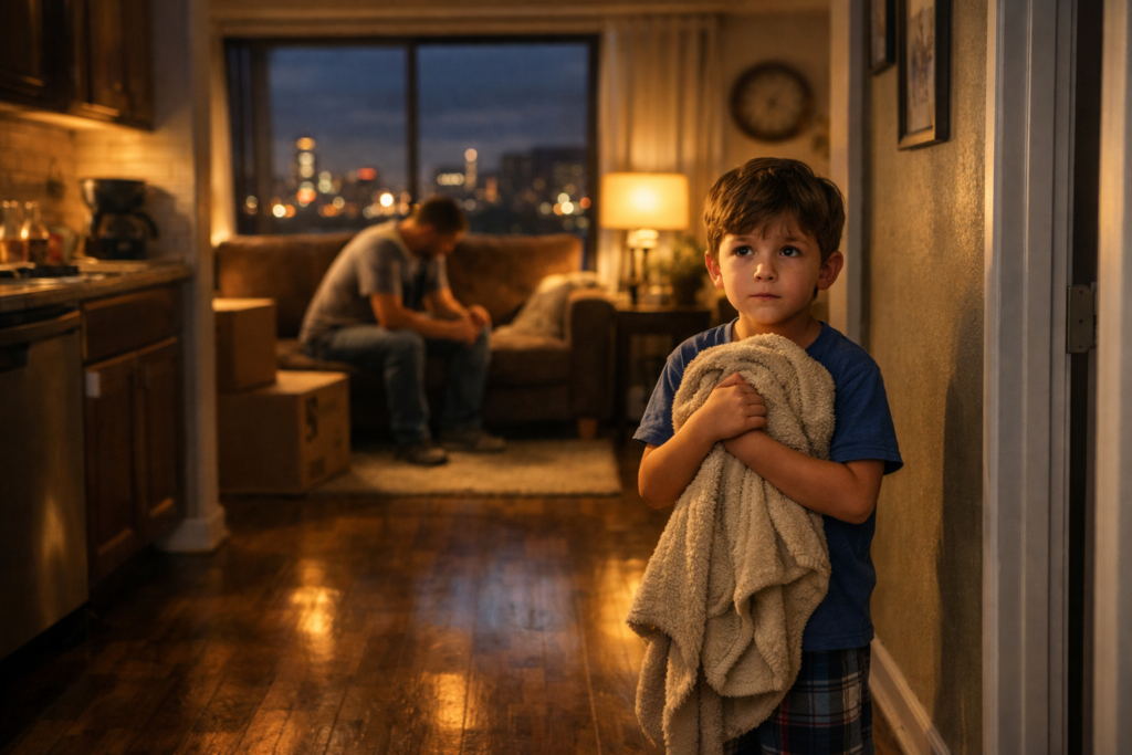 Young boy holding blanket in hallway while father sits in apartment after separation, symbolizing uncertainty during Texas divorce timeline and procedures