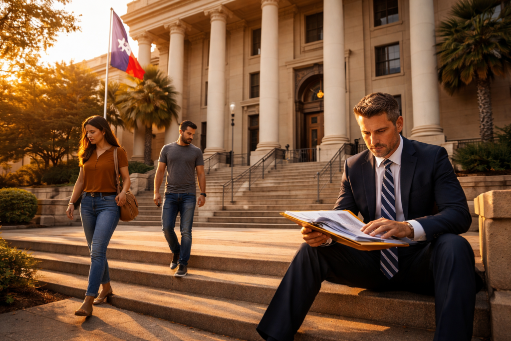 Wide-angle cinematic image of a Texas courthouse at sunset with an attorney reviewing documents on the steps while a couple walks in opposite directions, symbolizing the structured Texas divorce timeline and legal process