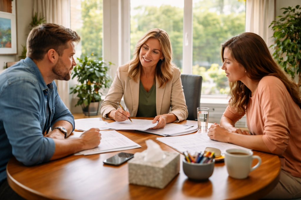 The image depicts a neutral conference room featuring a round table where three individuals are engaged in a calm discussion about various documents, likely related to the mediation process in Texas divorce cases. This setting emphasizes the importance of open communication and the role of a neutral third party in resolving disputes, such as child custody and support obligations, in a productive manner.