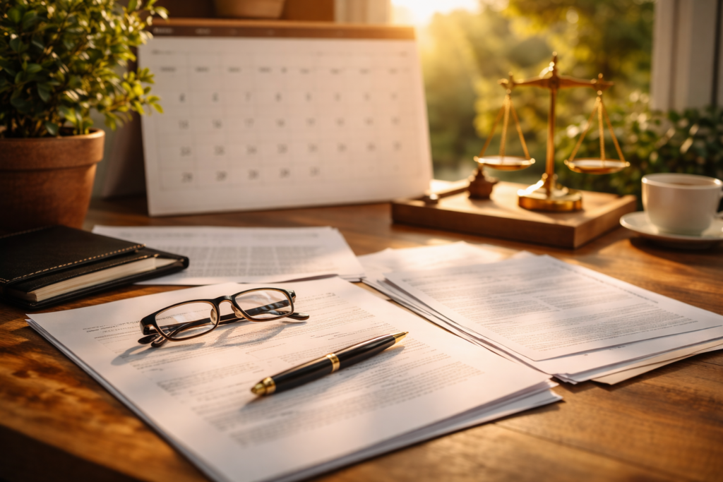 The image shows a calendar alongside legal documents and a pen on a desk, symbolizing the legal planning involved in the uncontested divorce process in Texas. This setup suggests the importance of organizing paperwork, such as divorce petitions and custody arrangements, as part of family law matters.