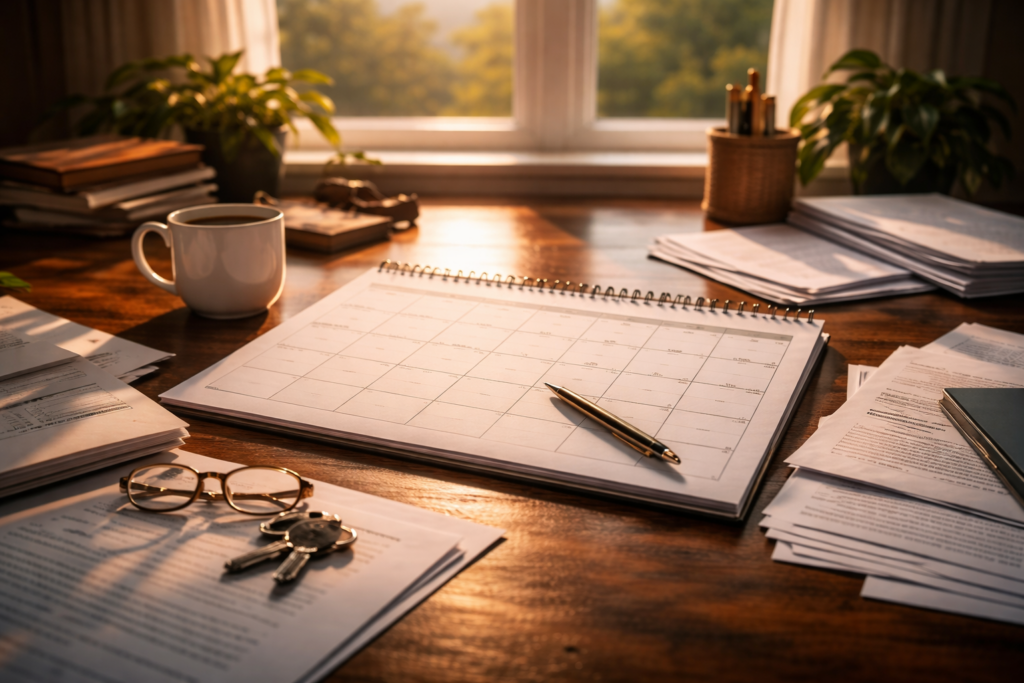 The image depicts a calendar on a desk surrounded by documents and a coffee mug, symbolizing the passage of time in the divorce process. This setting reflects the legal proceedings involved in divorce in Texas, including aspects like child custody arrangements and the timeline for filing a divorce petition.