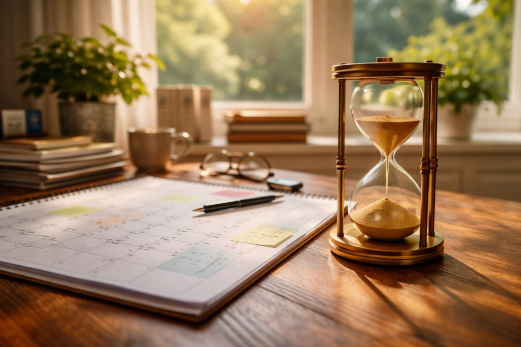 An hourglass sits on a wooden desk beside a calendar, illustrating the passage of time, which can be significant in the divorce process. This image symbolizes the waiting period often involved in divorce cases, such as the mandatory 60-day waiting period in Texas, where parties may be navigating complex issues like child custody arrangements and property division.