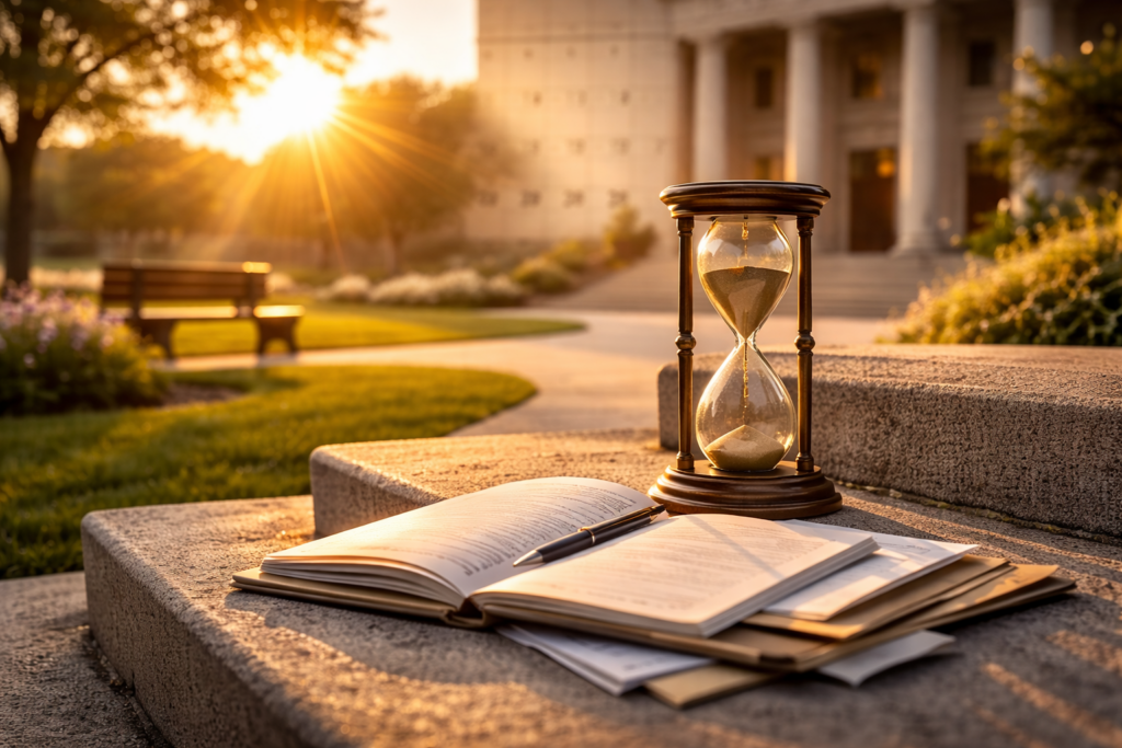 Wide-angle cinematic image of an hourglass and legal documents on courthouse steps at sunset, symbolizing the timeline and duration of a contested divorce in Texas.