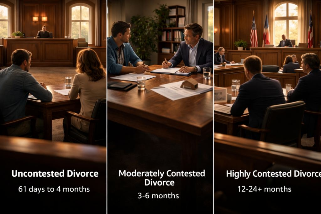 Wide-angle cinematic comparison of three Texas divorce scenarios showing an uncontested courtroom prove-up, mediation session, and contested trial hearing, illustrating different divorce timelines.