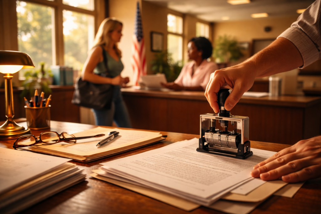 Clerk stamping divorce petition at courthouse counter while spouse stands nearby during Texas 60-day waiting period filing process