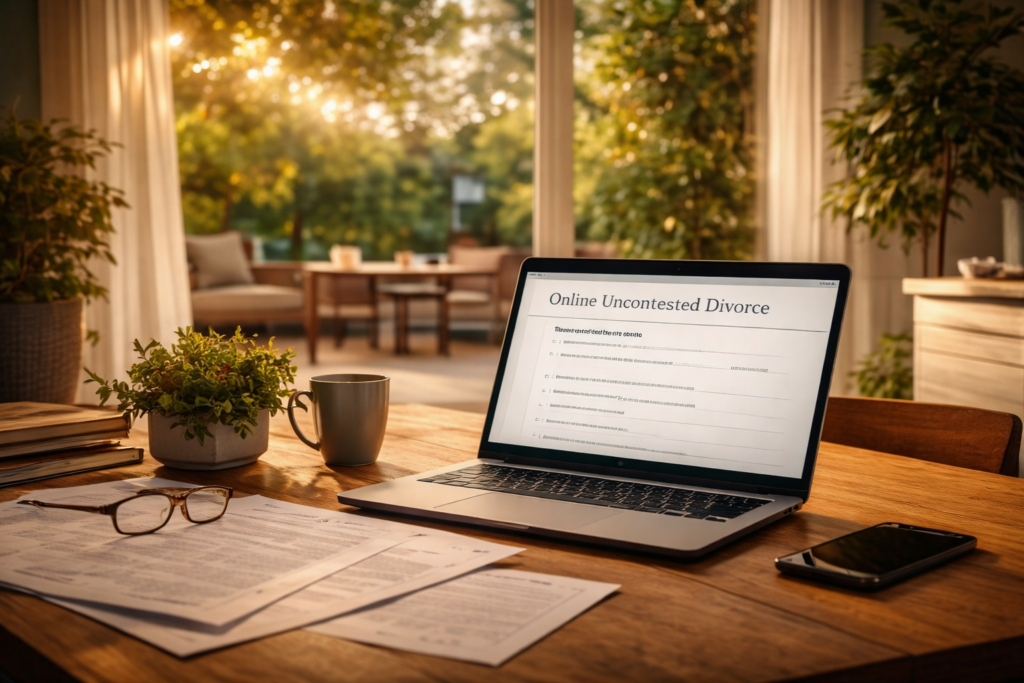 Wide-angle view of a sunlit home workspace with a laptop displaying online uncontested divorce forms, papers spread on a wooden table, and a calm summer atmosphere