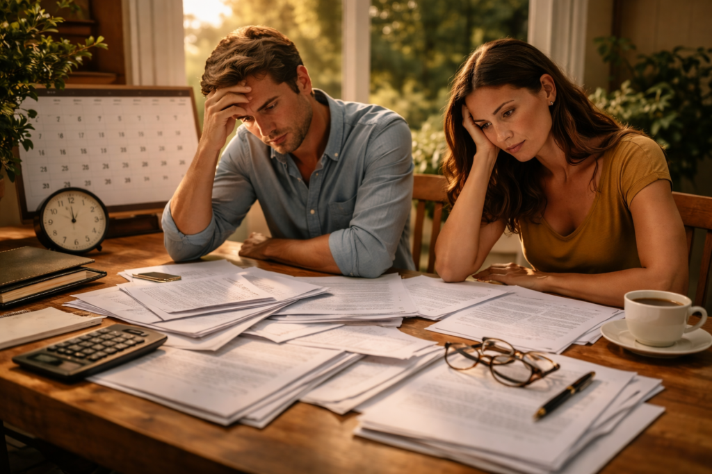 Couple sitting at a cluttered table reviewing divorce paperwork with worried expressions, symbolizing delays in a Texas uncontested divorce process.