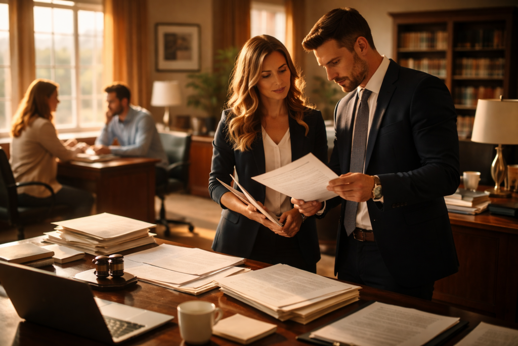 Wide-angle, cinematic image of two Texas divorce attorneys reviewing signed temporary orders documents in a sunlit office after a court hearing, symbolizing enforcement and next steps in the case.