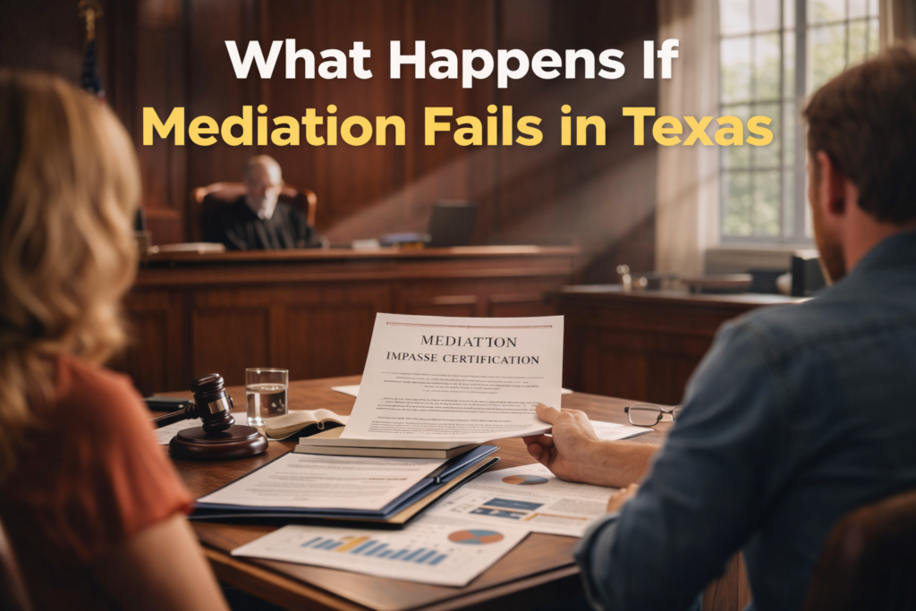 A wide-angle view of a Texas courtroom where two parents review mediation documents at a table while a judge sits in the background, symbolizing a case moving forward after unsuccessful mediation.