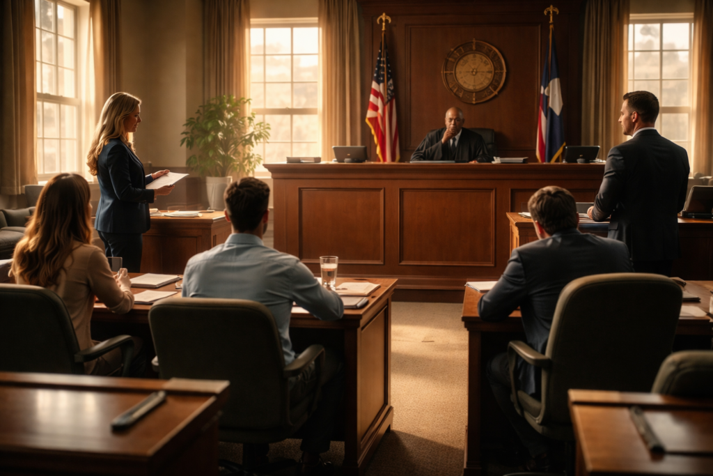Wide-angle, photo-realistic image of a Texas courtroom during a divorce temporary orders hearing, with a judge presiding as attorneys and parents present testimony in warm summer light.