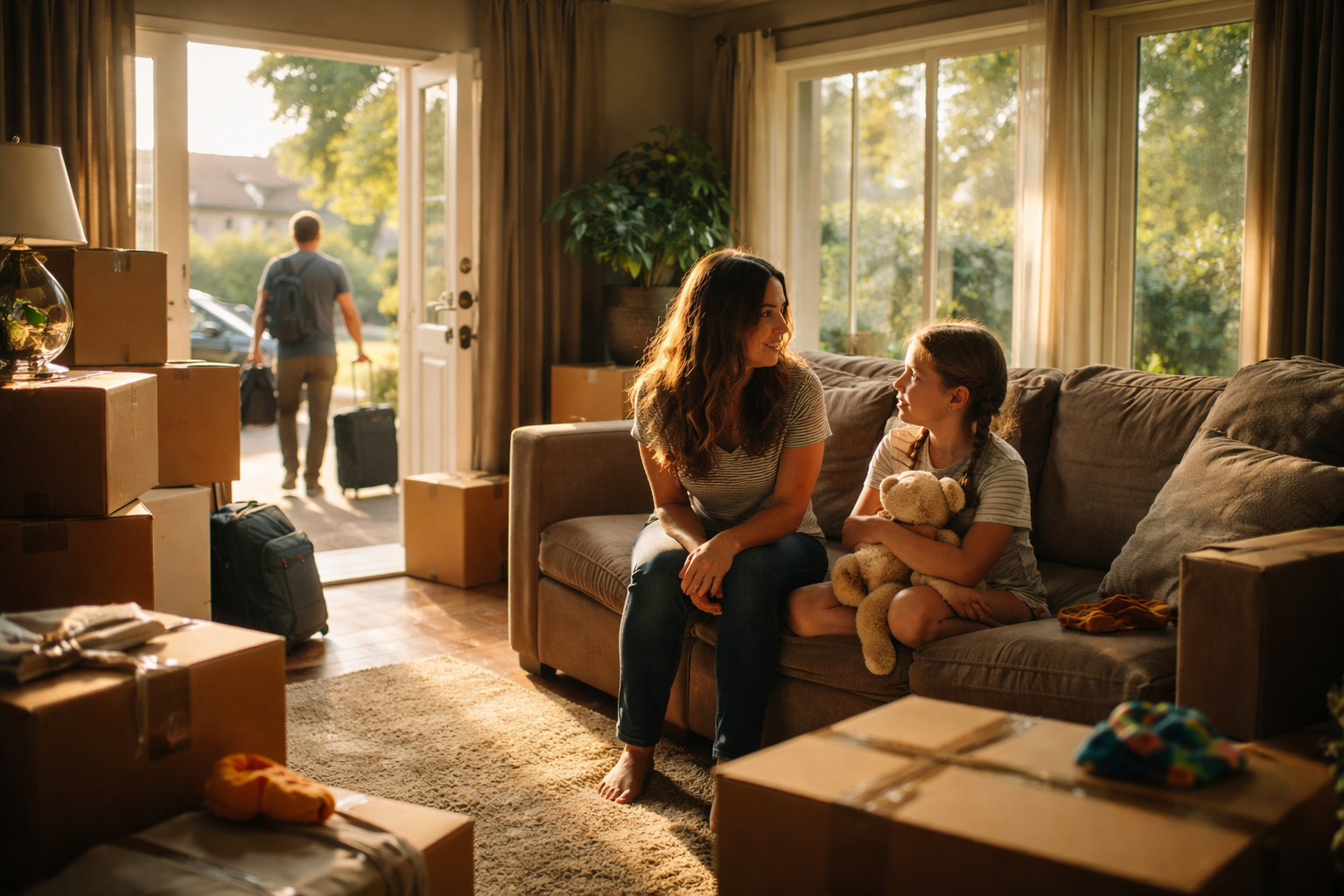 Mother comforting daughter in living room with moving boxes as father leaves home during Texas divorce temporary orders situation