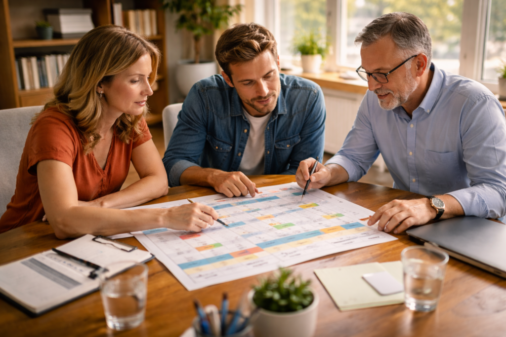 The image shows two parents sitting together with an attorney, reviewing a parenting calendar as part of the mediation process for their divorce. This scene illustrates how mediation in Texas can facilitate productive conversations about child custody and support obligations, helping parents reach a mediated settlement agreement in the best interests of their children.