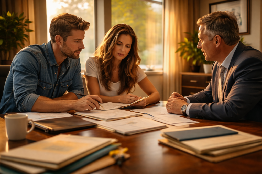 Two individuals are seated at a conference table, closely examining various documents, including papers and folders related to a family law case, possibly discussing key issues like child custody and property division in a contested divorce in Texas. The atmosphere suggests a collaborative effort to resolve disputes and reach a complete agreement.