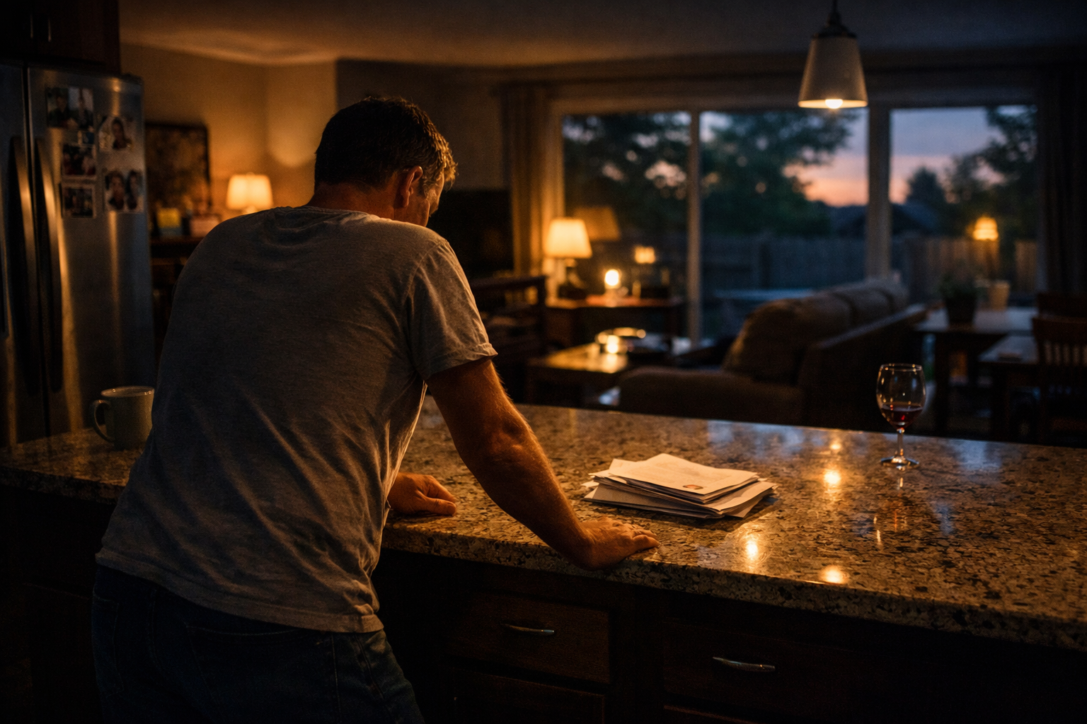 Parent standing alone in kitchen at night reflecting on what to expect during Texas divorce