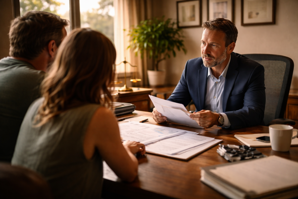 A family law attorney is seated at a desk, reviewing legal documents related to divorce forms with a client, who appears engaged in the discussion. The setting conveys a professional atmosphere where assistance is provided regarding child support and other legal matters.