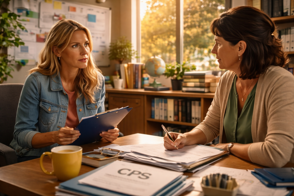 In an office setting, a professional educator is engaged in conversation with a school counselor, as they review documentation related to child protective services cases. The discussion likely centers on ensuring a child's safety and well-being, possibly in the context of suspected child abuse or the cps investigation process.