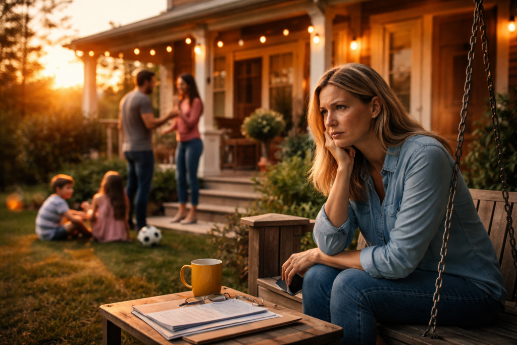 A worried Texas mother sits on a porch at sunset while parents argue nearby and children play, reflecting family stress during a CPS investigation