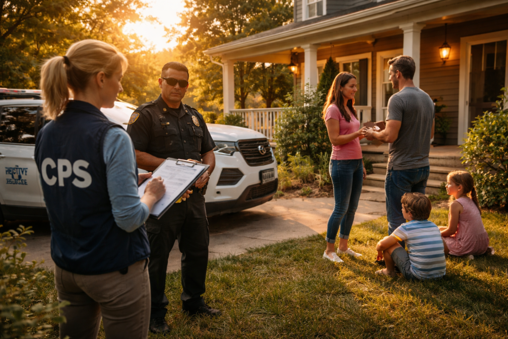 A CPS investigator and police officer speak with parents outside a Texas home at sunset while children sit nearby, illustrating a CPS investigation process