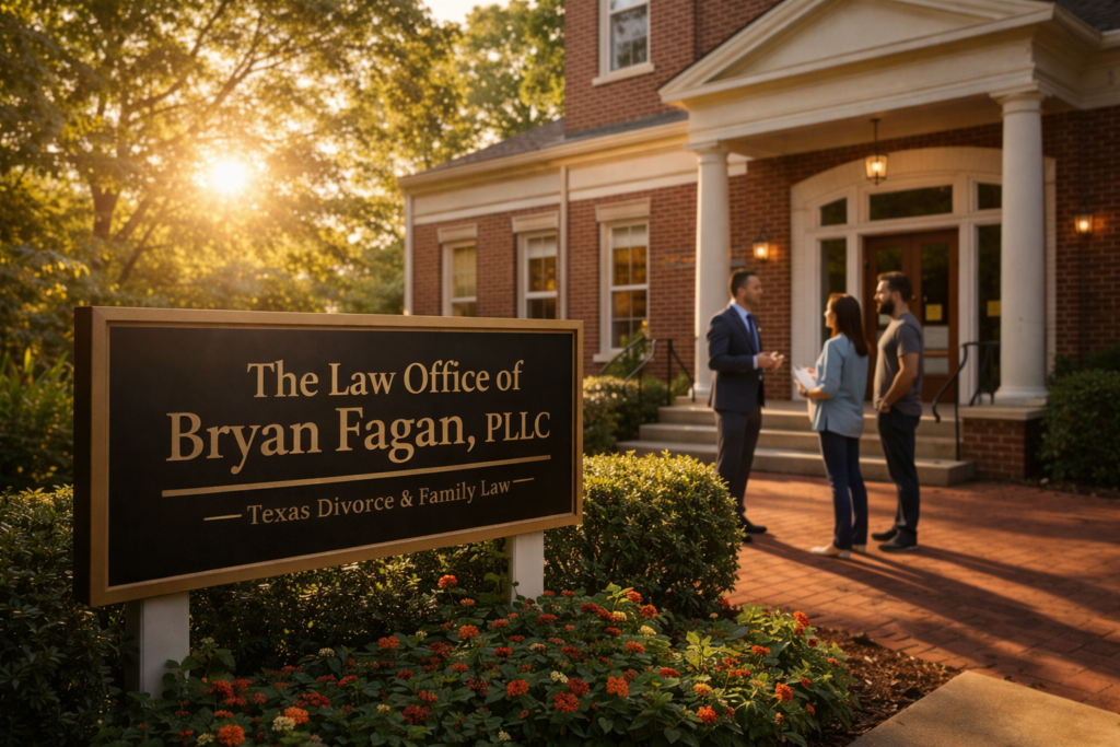 A wide-angle, sunlit view of The Law Office of Bryan Fagan, PLLC exterior, showing a welcoming brick building, firm sign, and an attorney speaking with clients outside on a summer afternoon.