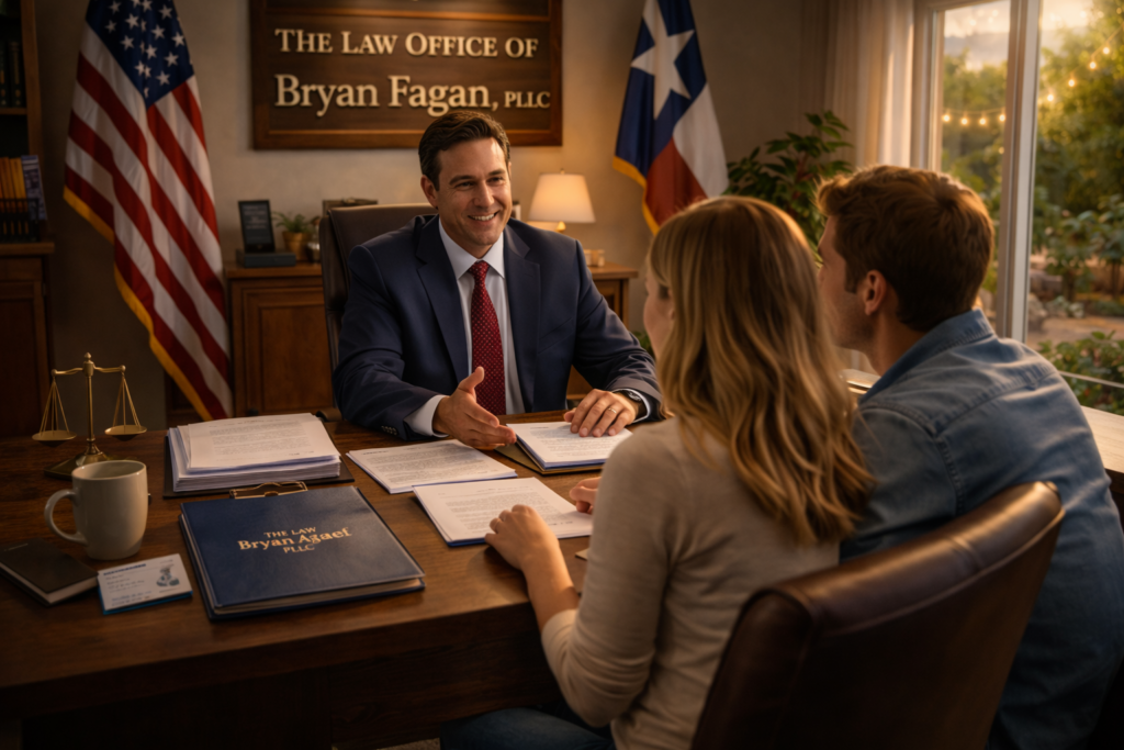 A Texas family law attorney meeting with a couple in a sunlit office, explaining divorce options and reviewing legal documents together