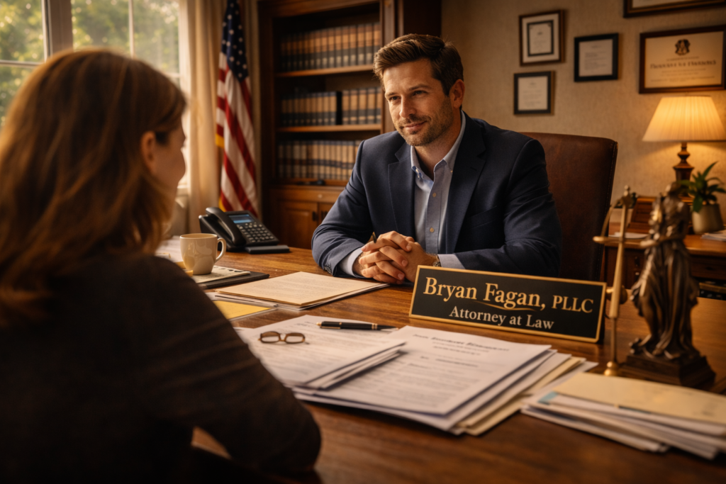 Wide-angle, sunlit law office scene of a Texas family law attorney meeting with a client across a wooden desk, reviewing divorce documents in a professional and reassuring setting.