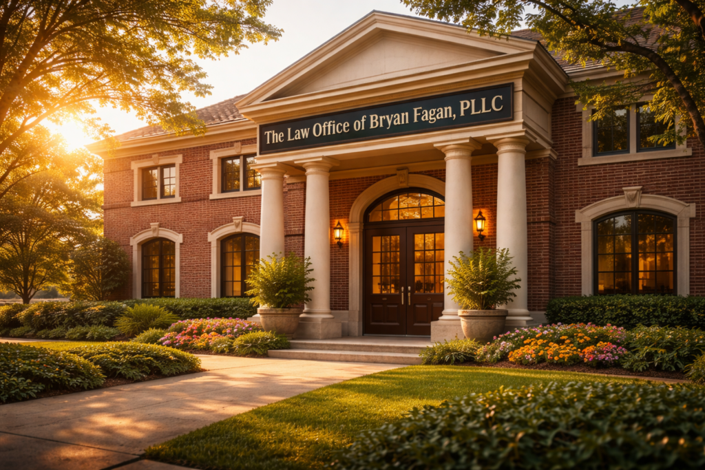 Exterior of The Law Office of Bryan Fagan, PLLC in Houston, warmly lit on a summer evening with landscaped entrance and classic brick facade
