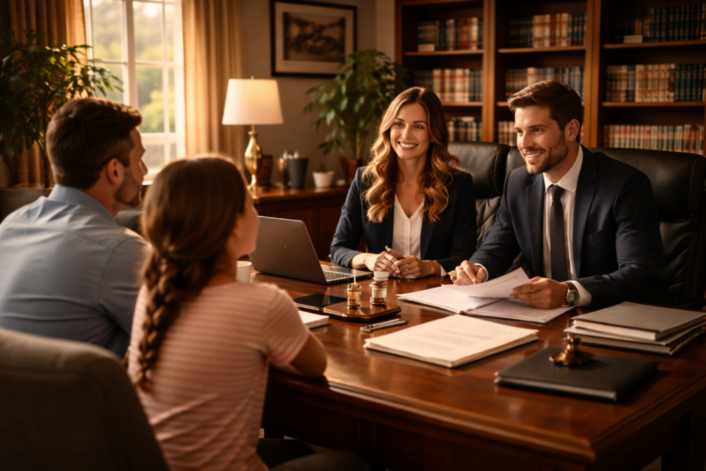 Wide-angle, cinematic image of Texas family law attorneys meeting with parents in a sunlit office, reviewing documents and discussing strategy during a divorce consultation.