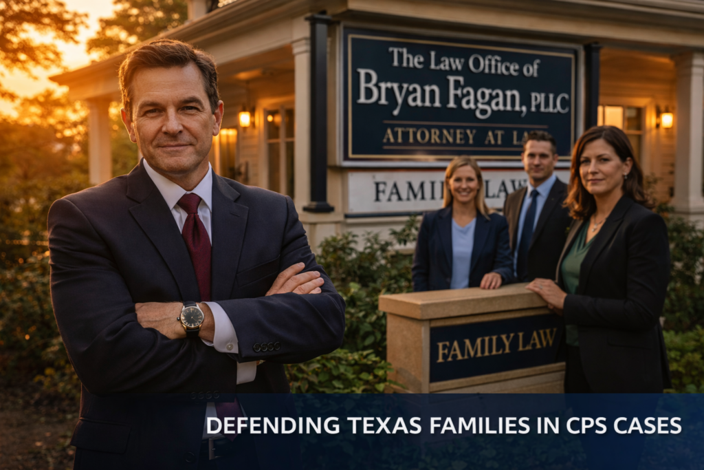 A Texas family law attorney stands outside a law office with colleagues behind him, representing legal support for families facing CPS investigations