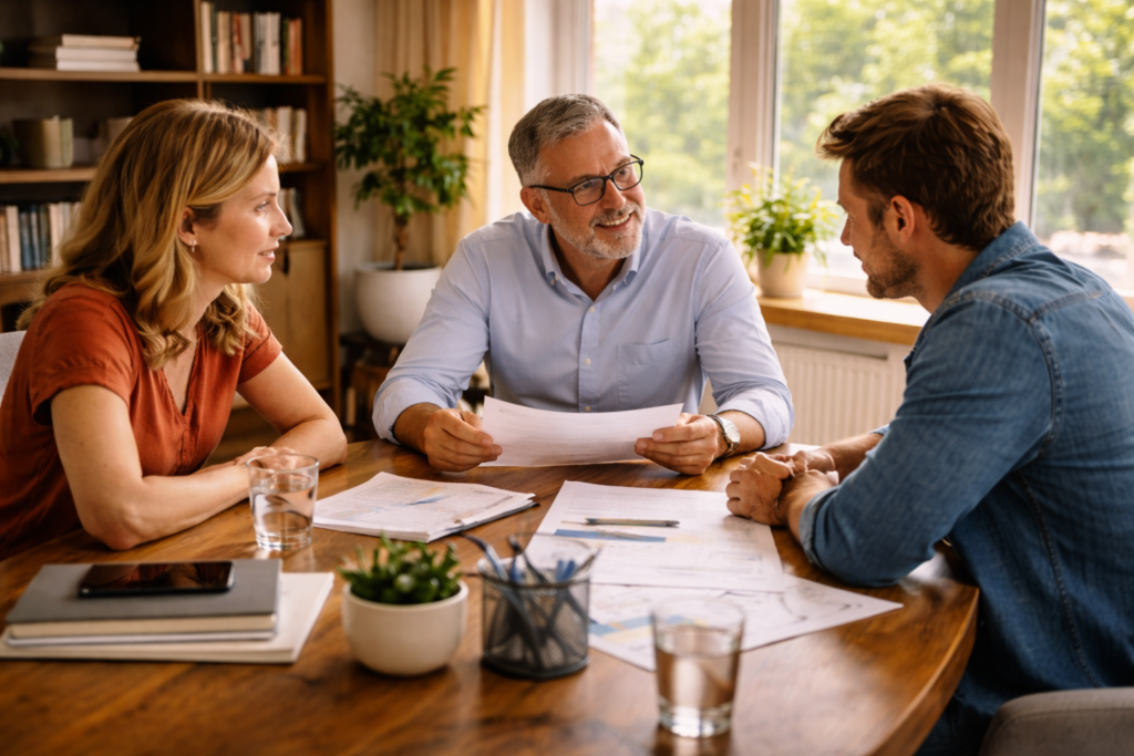 A wide-angle view of a Texas family law attorney meeting with two parents in a sunlit office, discussing mediation documents during a divorce case.