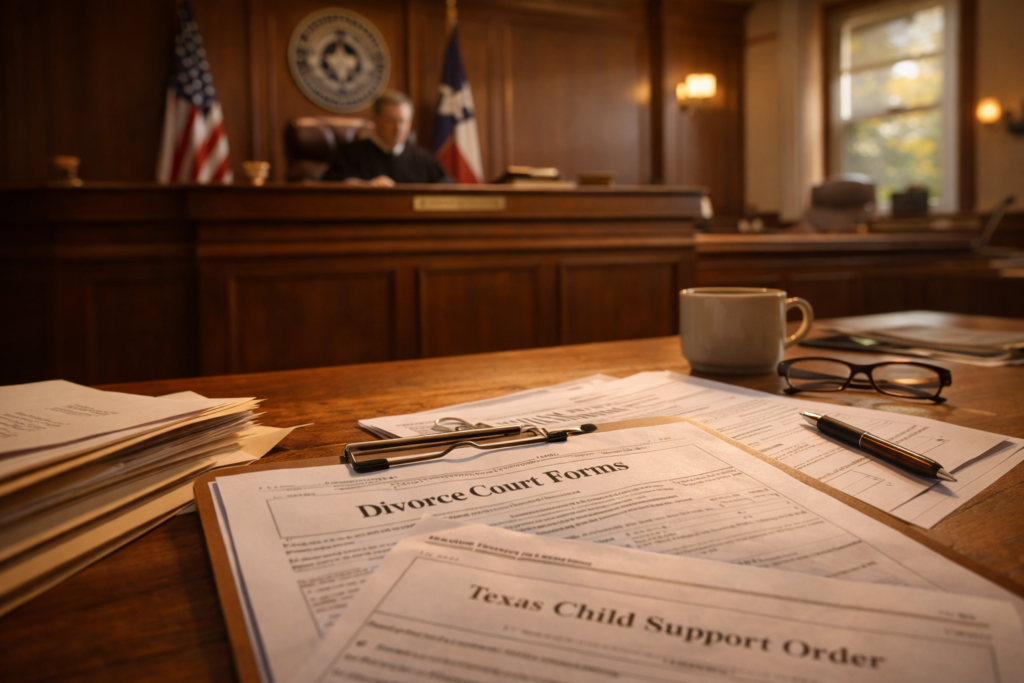The image depicts a courtroom setting featuring a judge's bench, surrounded by legal documents and forms related to divorce proceedings. It captures the serious atmosphere of a court hearing, where matters such as child support and protective orders may be addressed under Texas law.