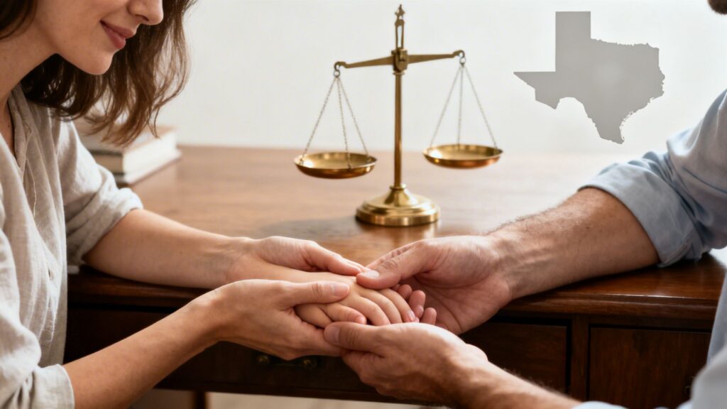 A man and woman holding hands across a wooden table with a set of scales of justice in the background and a faint outline of the state of Texas in the upper corner, symbolizing legal support in a Texas family law matter.