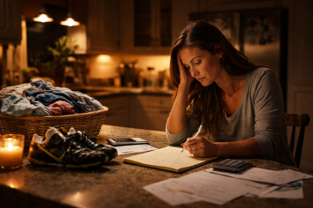 Mother reviewing household bills late at night in Conroe Texas during divorce financial planning