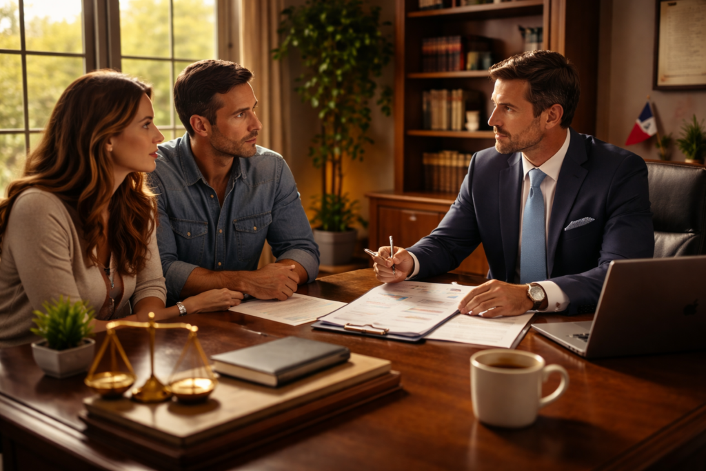 Wide-angle, photo-realistic image of a divorce consultation in a sunlit Conroe law office, where a spousal support attorney reviews financial documents with a couple at a wooden desk during a summer afternoon meeting.