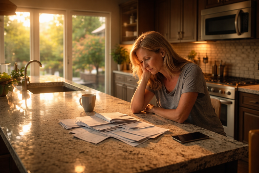 Woman reviewing bills at kitchen table during divorce in Richmond Texas spousal support situation