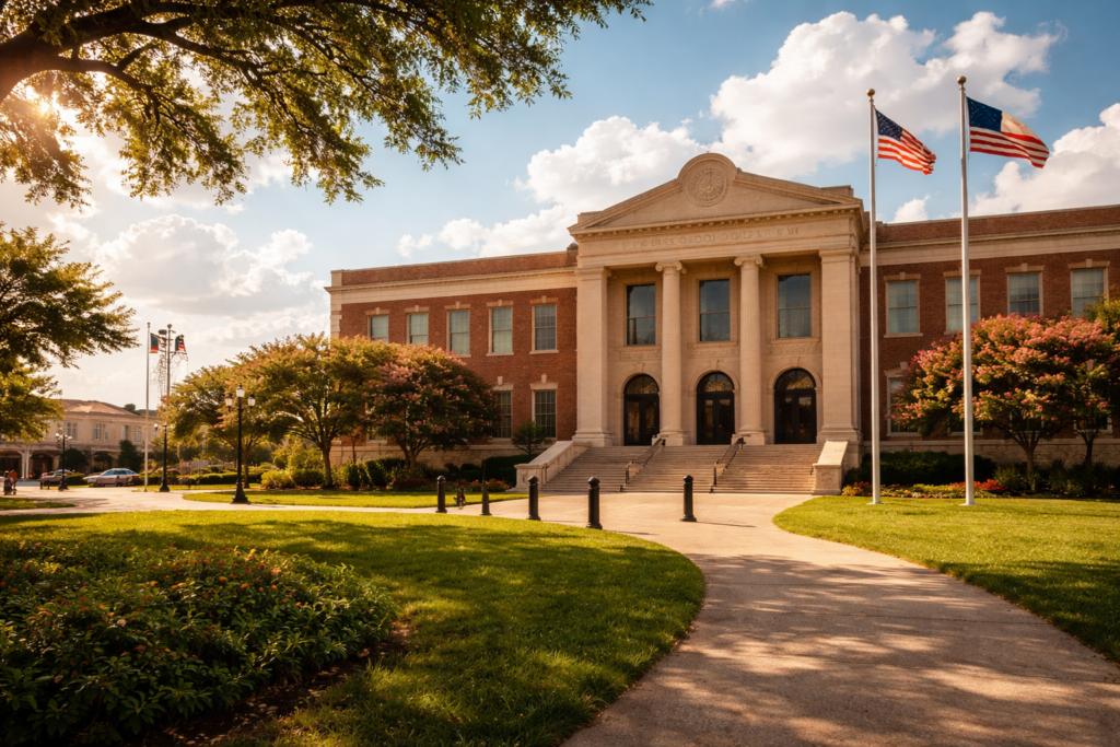The image shows the exterior of a courthouse in Richmond, Texas, bathed in warm afternoon light, highlighting its architectural details. This building is a key location for legal proceedings, including family law matters such as annulment petitions and divorce cases.