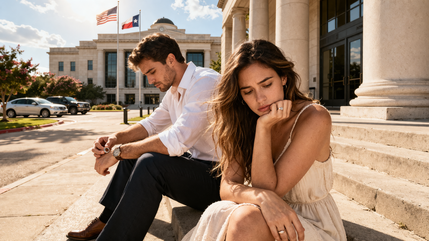 Couple sitting outside courthouse looking distressed after marriage, representing annulment in Richmond Texas