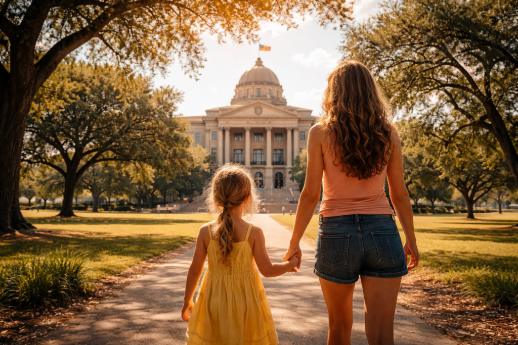 Wide-angle, photo-realistic image of a mother and young daughter holding hands as they walk down a sunlit path toward a grand Texas courthouse with a dome and flag. Large oak trees frame the scene, and warm golden summer light creates a cinematic, hopeful atmosphere.