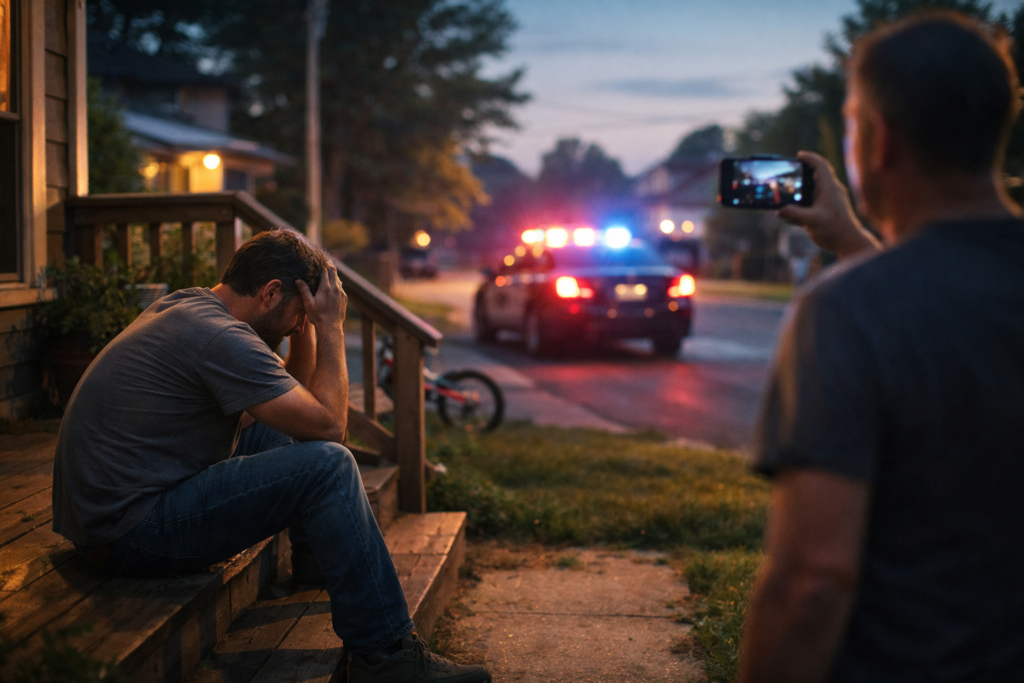 Father sitting on porch after police leave during divorce conflict, worried about CPS taking his kids in Texas