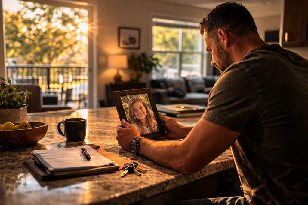 Father in new apartment holding framed photo of daughter at sunset, reflecting on Texas permanent managing conservatorship modification.