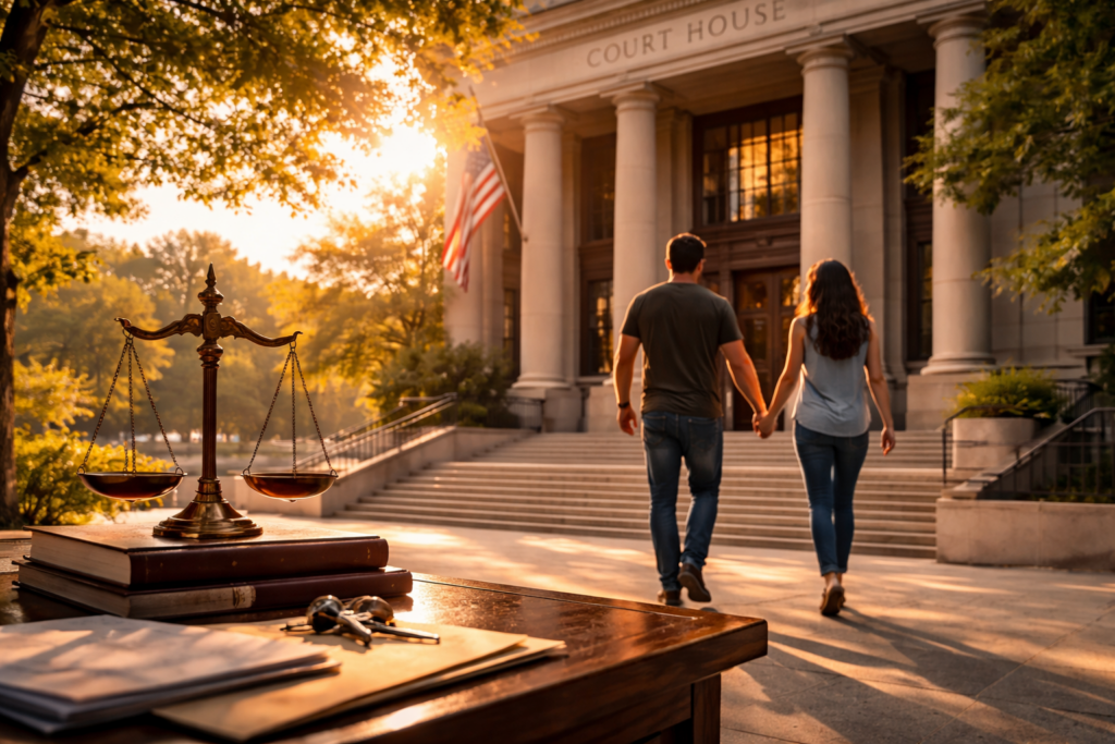 Wide-angle cinematic image of a couple walking toward a courthouse at sunset, with scales of justice and legal documents in the foreground, symbolizing Texas custody modification and permanent managing conservatorship decisions.