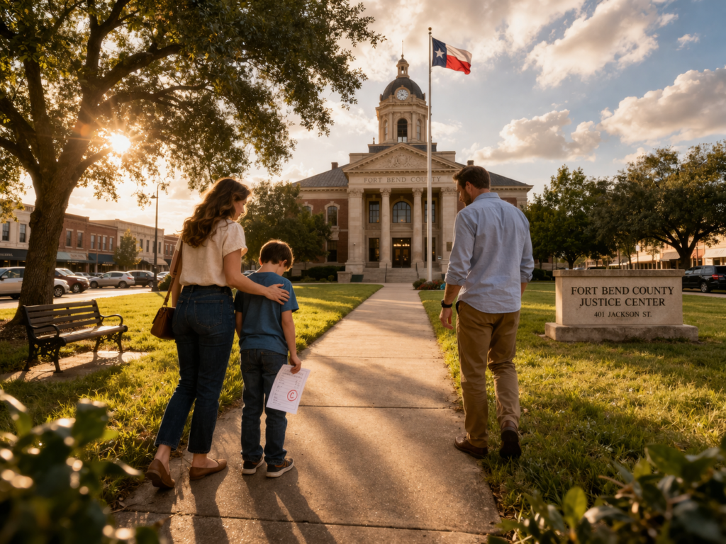 Child happily running to greet parent during custody exchange outside Fort Bend County courthouse in Richmond Texas