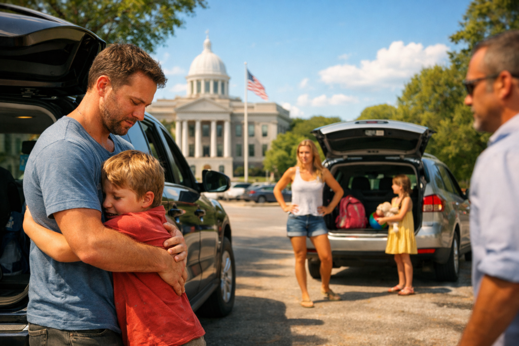 Wide-angle, photo-realistic summer scene outside a courthouse: a father embraces his young son beside an open SUV, while a mother stands near another vehicle with a daughter holding a stuffed animal. The family appears emotionally tense, symbolizing the separation of child support and custody issues.