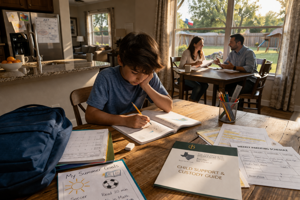 Child struggling with homework while parents discuss child support in Richmond Texas at home