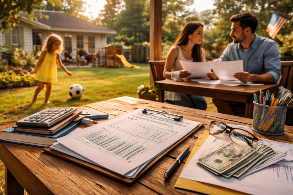 Parents reviewing child support documents at an outdoor table while their child plays nearby on a sunny day