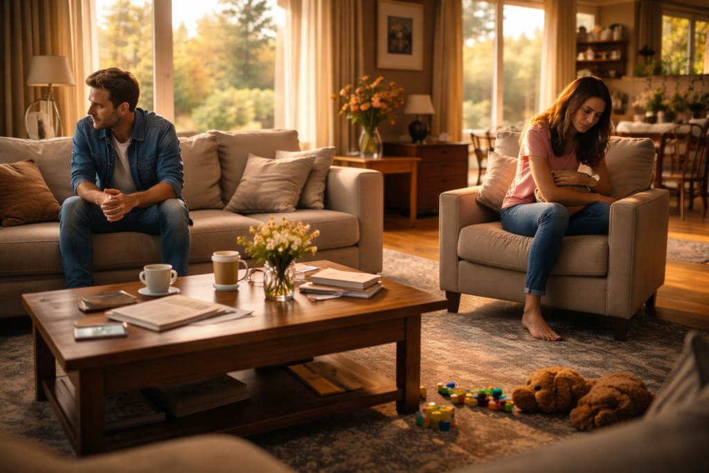 Couple sitting apart in living room during collaborative divorce in Richmond Texas, showing emotional distance and family transition