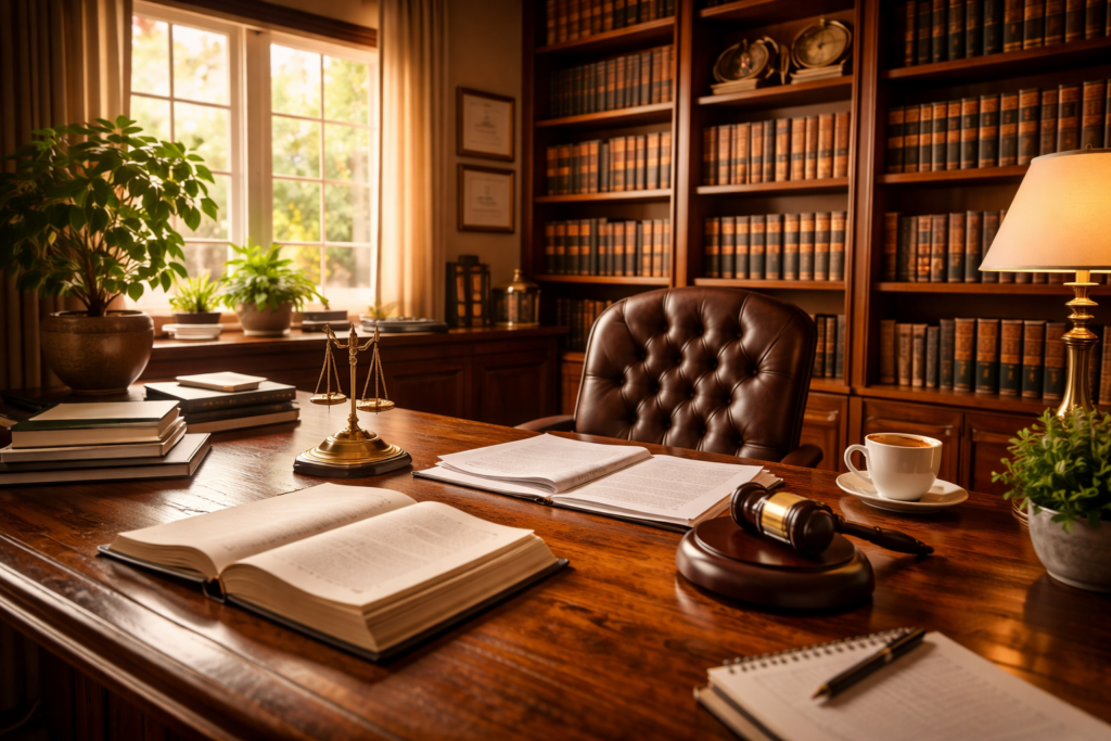 The image depicts a warm and inviting law office setting, filled with shelves of legal books and bathed in natural light. This environment reflects a space where family law attorneys can provide legal support for matters such as annulment proceedings and child custody issues in accordance with Texas law.