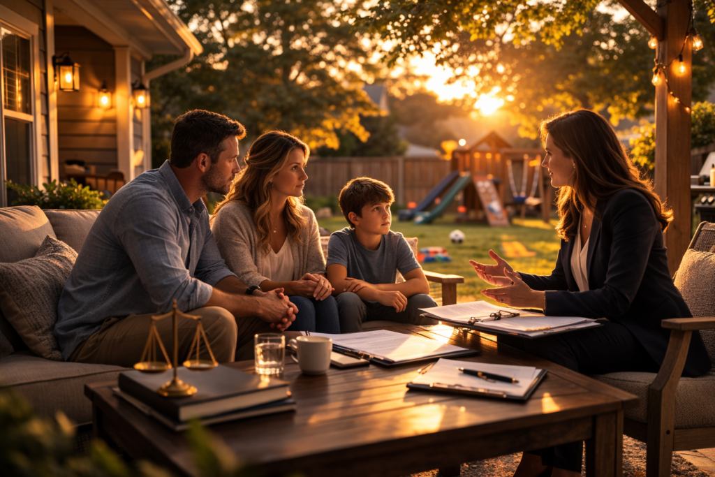 Family meeting with a female attorney on a backyard patio at sunset, discussing CPS concerns and parental rights in a calm, professional setting